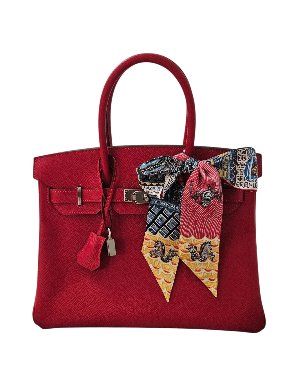Hermès Birkin 30 Epsom Leather - Rouge Casaque Palladium Hardware with Twilly